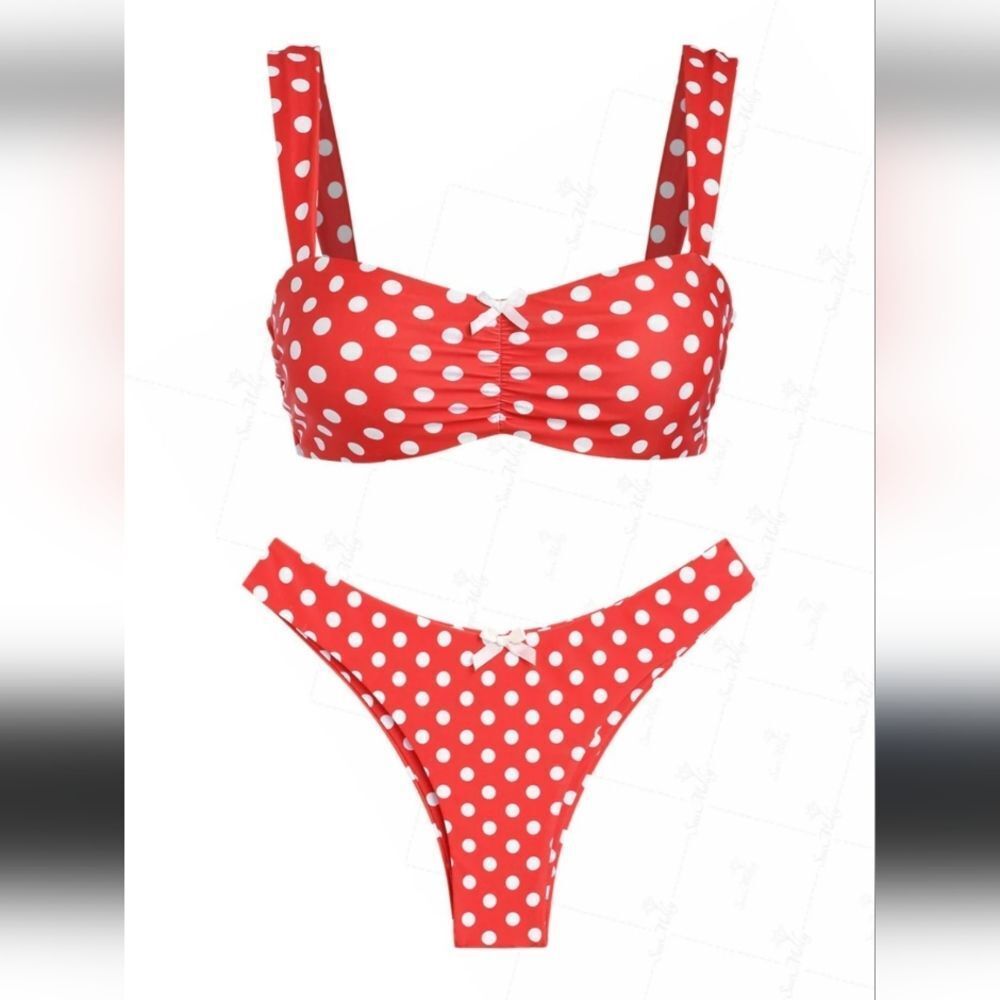 NWT Seamolly Polka Dot Bikini Ruched Bowknot Decor Cheeky Red White - Size L